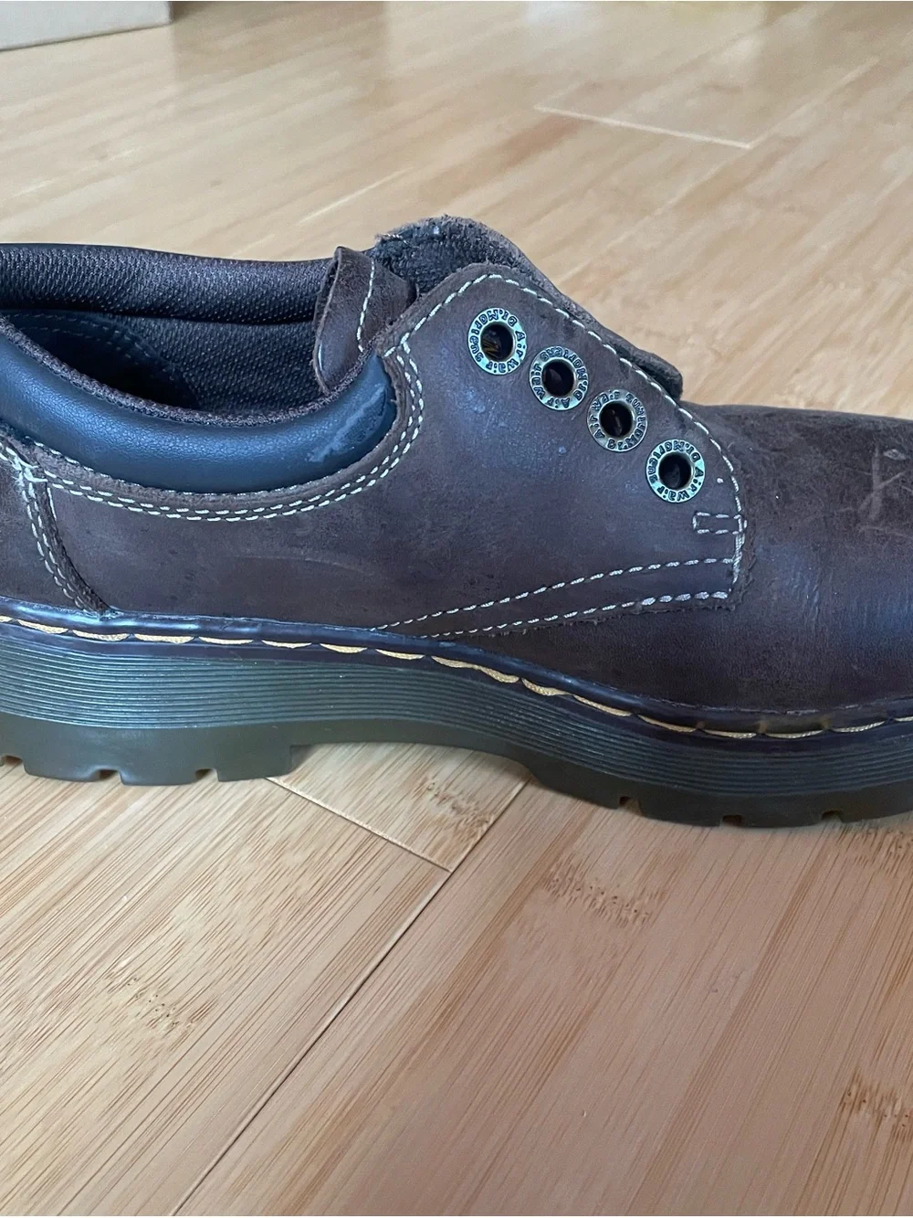 Dr. Martens Brown Leather Slip-On Oxfords with Yellow Stitching